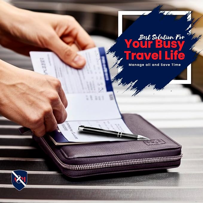 ALLEN & MATE Passport Holder Travel Wallet, 100% Leather RFID Blocking Travel Document Organiser for Men & Women
