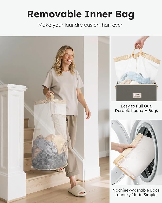 SOLEDI Laundry Hamper with Lid 100L Large & Tall Collapsible Laundry Basket, Clothes Hamper with Bag Removable Easy to Carry, Dirty Hampers for Bedroom, Bathroom, Dorm, College, Cement