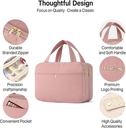 Hanke Hanging Travel Toiletry Bag for Women with Jewelry Organizer Compartment, Travel Essentials Toiletries and Makeup Bag, Water-Resistant & Stain-Resistant with Trolley Strap (Pink)