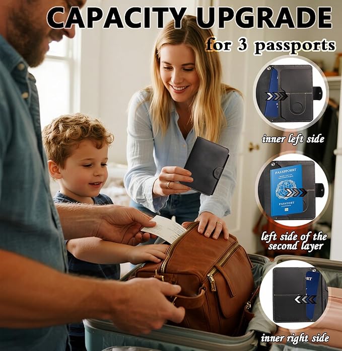 Genuine Leather Passport Holder for Travel - Rfid Passport Wallet with Hidden AirTag Slot, for 2 Passport Capacity, 2 Card Slots,for Men & Women & Family - Button Bifold Hidden Airtag Slot Style,Black