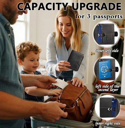 Genuine Leather Passport Holder for Travel - Rfid Passport Wallet with Hidden AirTag Slot, for 2 Passport Capacity, 2 Card Slots,for Men & Women & Family - Button Bifold Hidden Airtag Slot Style,Black