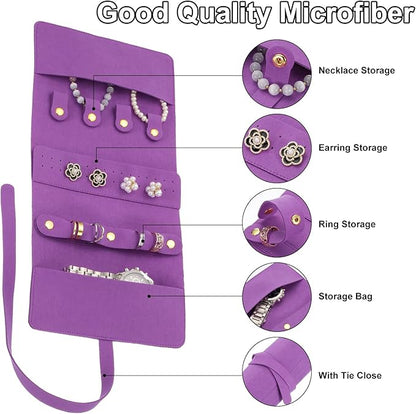 uxcell Travel Jewelry Bag Roll, Foldable Jewelry Travel Organizer with Tie Close Microfiber Jewelry Storage Roll Jewelry Case for Women Gift Necklaces Earrings Rings Bracelets, Purple