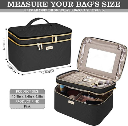 8.8L Double Layer Travel Makeup Bag With Mirror For Women, Large Cosmetic Case, Organizer for Travel-Size Accessories Bottles, Brushes,and Skin Care Products, 2.33 GAL, Black