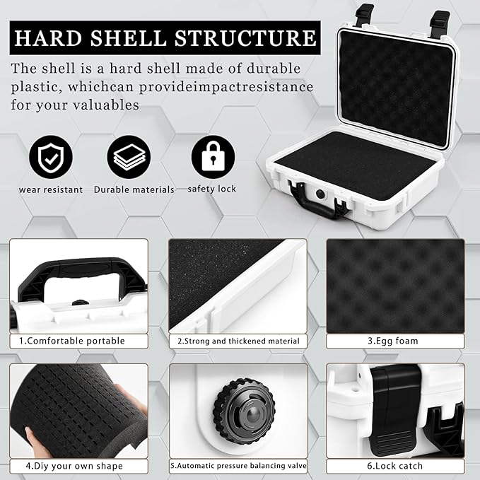 1 Pcs 14.3 x 11.4 x 4.5 Inch Waterproof Hard Case with DIY Customizable Foam Insert Portable Protective Case with Knife for Camera Drones Equipments Tools Test Instruments (White)