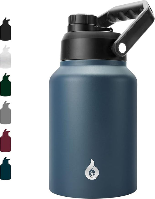 BJPKPK 64 oz Insulated Water Bottle, Dishwasher Safe Half Gallon Water Bottle with Ergonomic Handle, BPA Free Leak Proof Water Jug for Sports, Metal Jug with Anti-slip Bottom, Navy Blue