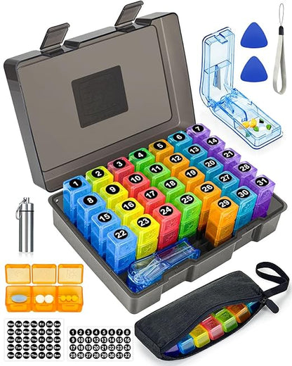 Monthly Pill Organizer 3 Times a Day, FRIWOLE Medicine Box with Portable Weekly Pill Bag, Keychain Pill Case, Pill Cutter and 2 Sticker (Black, 3 Times a Day)