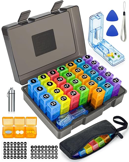 Monthly Pill Organizer 3 Times a Day, FRIWOLE Medicine Box with Portable Weekly Pill Bag, Keychain Pill Case, Pill Cutter and 2 Sticker (Black, 3 Times a Day)