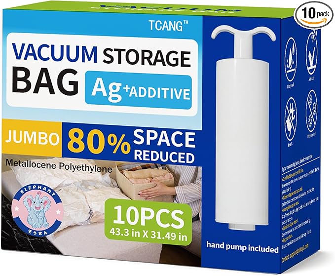 10 Pack Jumbo Vacuum Storage Bags with Hand Pump, Sturdy Leak-Free Vacuum Seal Bags, 80% Space Saver Vacuum Seal Bags for Clothing, Pillows, Bedding, Blankets, Comforters, Travel Luggage - Jumbo