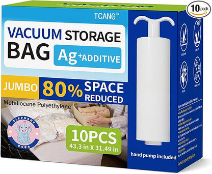 10 Pack Jumbo Vacuum Storage Bags with Hand Pump, Sturdy Leak-Free Vacuum Seal Bags, 80% Space Saver Vacuum Seal Bags for Clothing, Pillows, Bedding, Blankets, Comforters, Travel Luggage - Jumbo