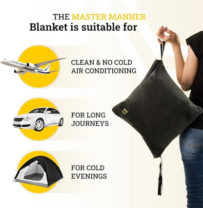 Travel Blanket Airplane Compact with Hoodie – 2in1 Airplane Travel Accessories from Plane Blanket to Travel Pillow with Luggage Strap, Soft Handle & Secure Pocket
