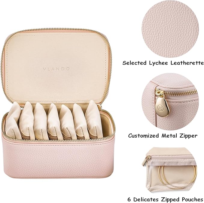 Vlando Travel Jewelry Box Organizer - 8 Small Velvet Zipped Pouches Pockets for Jewelries Necklaces Rings Earrings Sorting Storage, Rosy Mauve