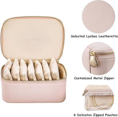 Vlando Travel Jewelry Box Organizer - 8 Small Velvet Zipped Pouches Pockets for Jewelries Necklaces Rings Earrings Sorting Storage, Rosy Mauve