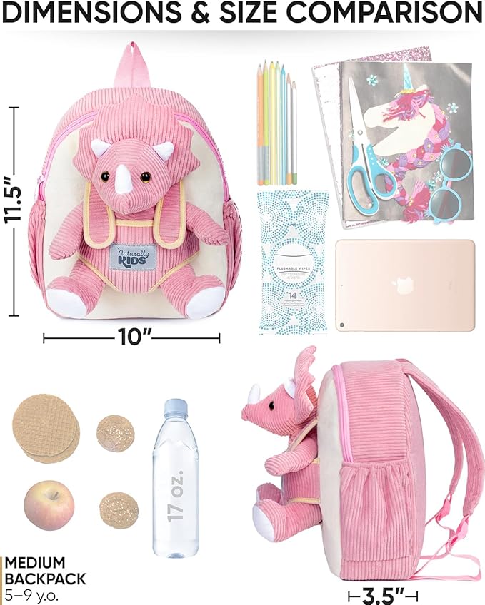 Naturally KIDS Pink Dinosaur Toys for Girls 4-5, Triceratops Toy, Dinosaur Gifts for 4 Year Old Girls, Gifts for 5 Year Old Girl, Toddler Backpack