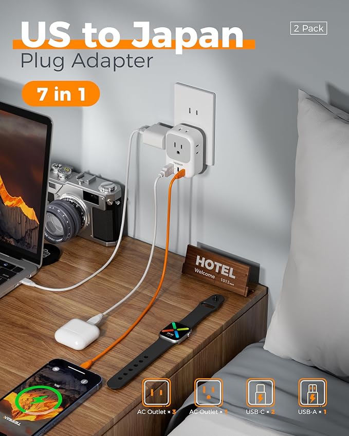 US to Japan Plug Adapter 2 Pack, TESSAN 2 Prong to 3 Prong Outlet Adapter with 4 Outlets 3 USB (2 USB-C), Outlet Adaptor US to Japan China Mexico Philippines Canada Peru Thailand Vietnam