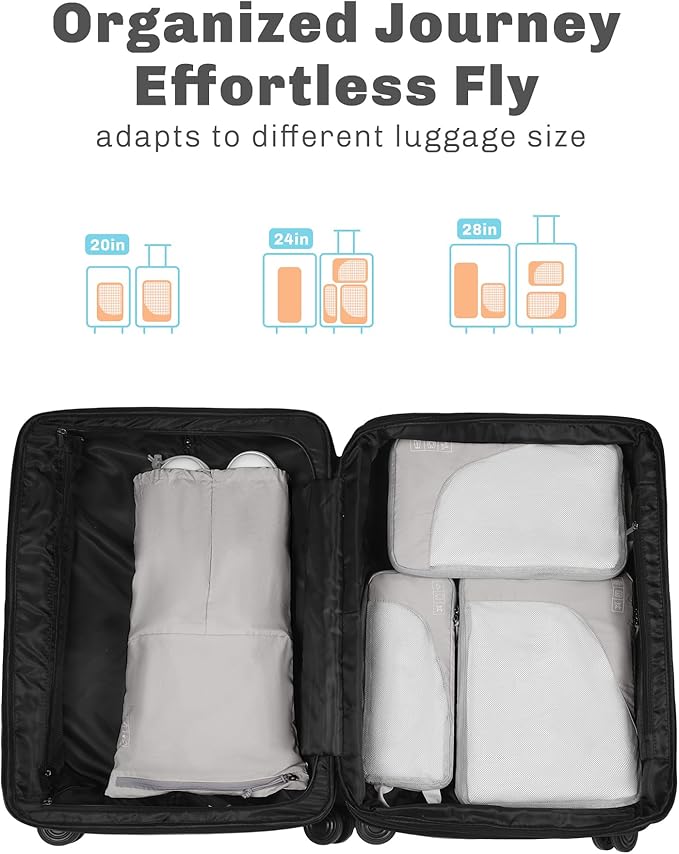 Hynes Eagle 6 Set/ 4 Set/ 2 Set Compression Packing Cubes Travel Essentials Lightweight Nylon Luggage Suitcase Organizer Bag Light Grey 4PCS