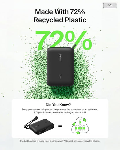 Belkin Portable Charger, Slim USB-C Power Bank 10,000mAh w/ 2 USB-C Ports, Digital Battery Display, 20W Charging Battery Pack - iPhone 17, Air, Pro, Samsung Galaxy S25, Pixel 10, iPad, & More - Black