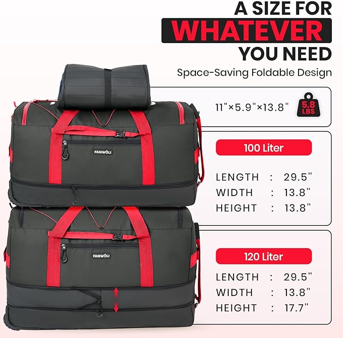 Fanwoli 30'' Large Rolling Duffle Bag with 2 Wheels - No-Sag Design for Heavy Loads, Expandable 100L-120L Duffel Wheeled Luggage with Soft Handle & Lock, Waterproof Foldable for Travel, Camping,Moving