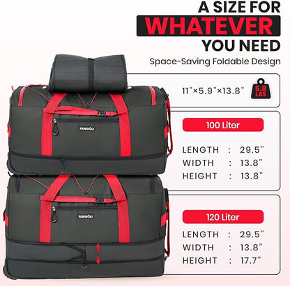 Fanwoli 30'' Large Rolling Duffle Bag with 2 Wheels - No-Sag Design for Heavy Loads, Expandable 100L-120L Duffel Wheeled Luggage with Soft Handle & Lock, Waterproof Foldable for Travel, Camping,Moving