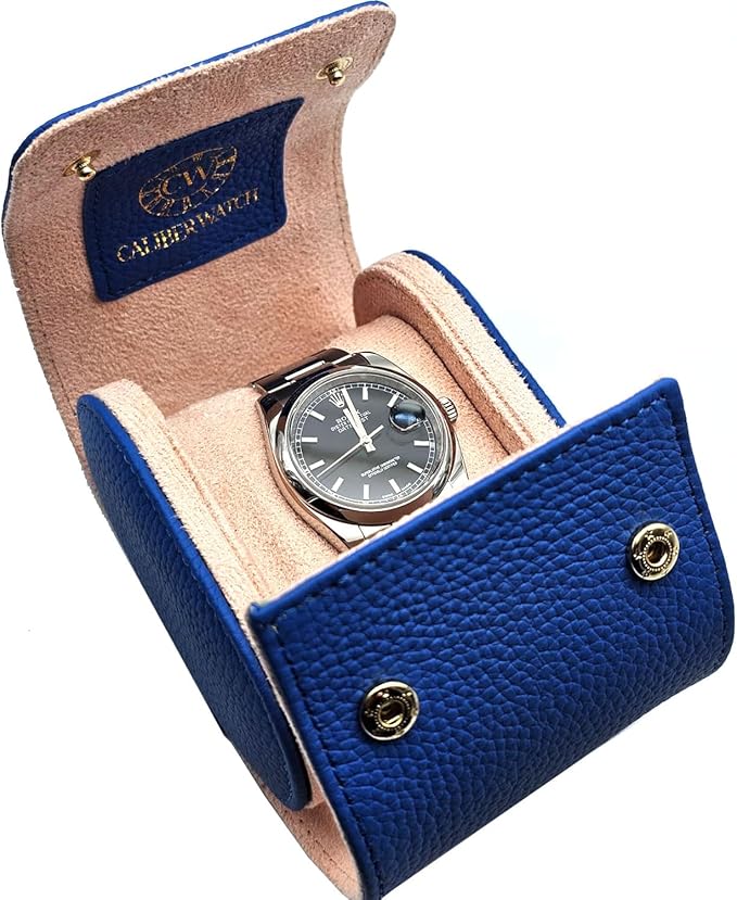 Genuine Napa Leather Watch Roll Travel Case for 3 Watches - Travel Watch Rolls and Leather Watch Display Cases with Velvet Interior - Watch Storage Organizer Men's (Blue - Single)
