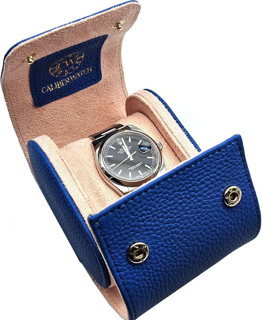 Genuine Napa Leather Watch Roll Travel Case for 3 Watches - Travel Watch Rolls and Leather Watch Display Cases with Velvet Interior - Watch Storage Organizer Men's (Blue - Single)