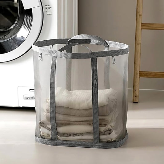 Mesh Bag with Handles, Collapsible Laundry Basket, Foldable Laundry Bag, Breathable Folding Beach Bag,Space-saving Travel Tote Bags (1, Grey)