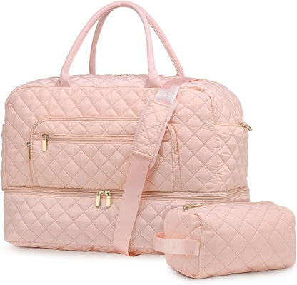 50L Large Travel Duffle Bag for Women, Weekender Overnight Bag W/Shoe Compartment+Wet Pocket+Toiletry Bag TSA Approved, Pink