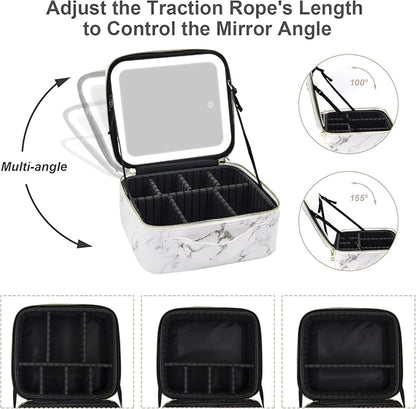 Travel Makeup Bag with Lighted Mirror Partitionable Makeup Train Case with 3 Color Modes Dimming Light up Mirror Make up Cosmetic Organizer Bag with 10X Magnifying Mirror, Toiletry Gift Accessories