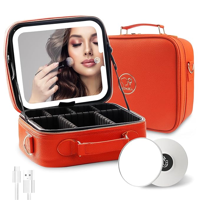 MOMIRA Travel Makeup Bag Cosmetic Bag with Lighted Mirror, Adjustable Brightness in 3 Color Scenarios/Detachable makeup mirror, All-round Upgrade, Waterproof, Gift for Women -Orange