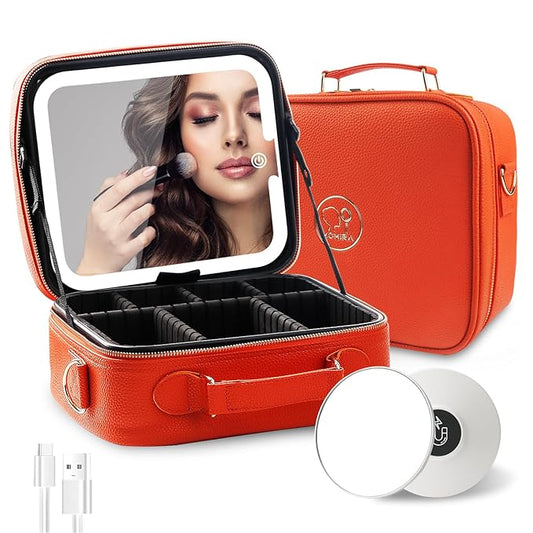 MOMIRA Travel Makeup Bag Cosmetic Bag with Lighted Mirror, Adjustable Brightness in 3 Color Scenarios/Detachable makeup mirror, All-round Upgrade, Waterproof, Gift for Women -Orange