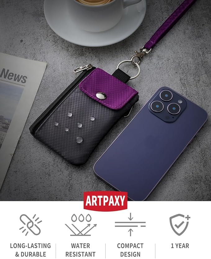 Minimalist Wallet For Mens Womens, Keychain RFID Blocking Zipper Small Wallet with ID Window 2 Lanyards,Water Resistant Travel Cash Card Coin Case Boys Girls