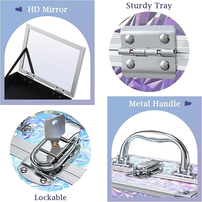 Costravio Makeup Box Organizer with Mirror, Makeup Case Train Case for Girls Women Kids Make up Box Makeup Case Organizer with Lock and Key Storage Vanity for Polishes Cosmetic Jewelry, Shiny Purple