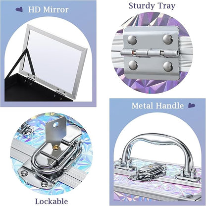 Costravio Makeup Box Organizer with Mirror, Makeup Case Train Case for Girls Women Kids Make up Box Makeup Case Organizer with Lock and Key Storage Vanity for Polishes Cosmetic Jewelry, Shiny Purple