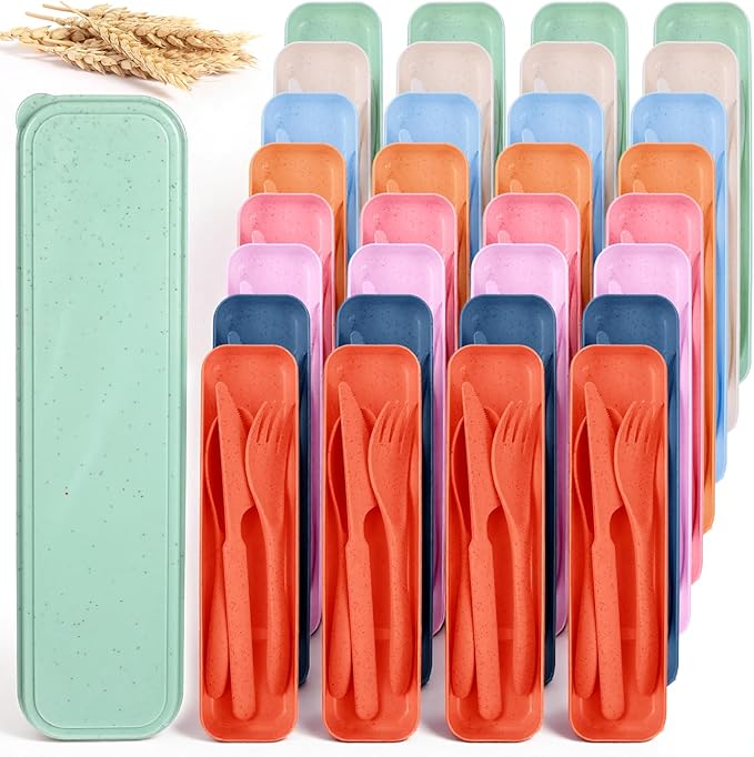 32 Sets Reusable Travel Utensils Set with Case, Portable Natural Wheat Straw Fork Spoons Knife Camping Cutlery, Lunch Box Tableware for Travel Picnic Camping Utensils, 8 colors