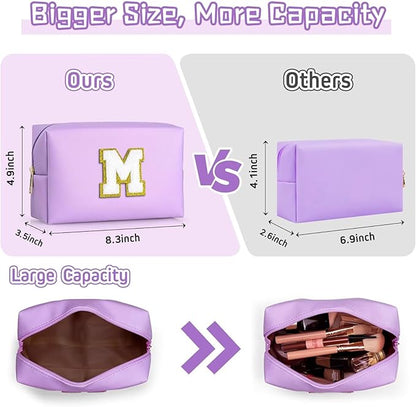 TOPEAST Preppy Small Makeup Bag, Chenille Letter Pouch Cosmetic Bag With Zipper, PU Leather Waterproof Toiletry Bag, Personalized Birthday Gift for Women, Cute Stuff for Girls (Purple D)