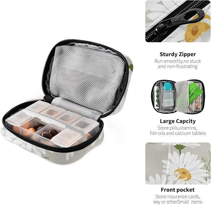 Pill Organizer Travel Weekly Small Cute Pill Box 7 Day Pill Case Vitamin Holder Pill Bottle Organizer Light Grey Daisy Floral