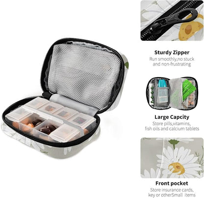 Pill Organizer Travel Weekly Small Cute Pill Box 7 Day Pill Case Vitamin Holder Pill Bottle Organizer Light Grey Daisy Floral