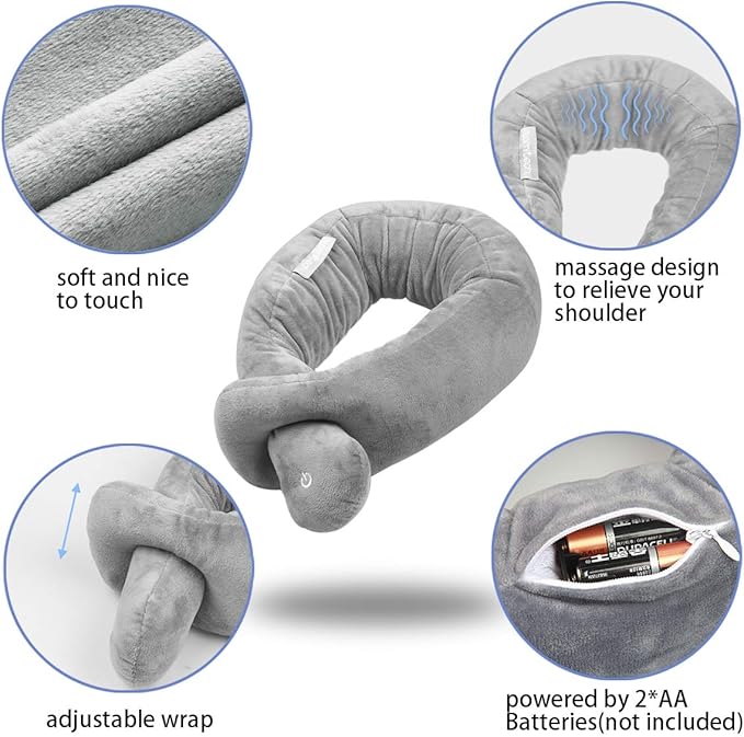 Neck Pillow, Neck Wrap Vibration Massaging Wireless Travel Pillow Soft Touch Breathable Head Support for Office Sofa Air Plane Grey