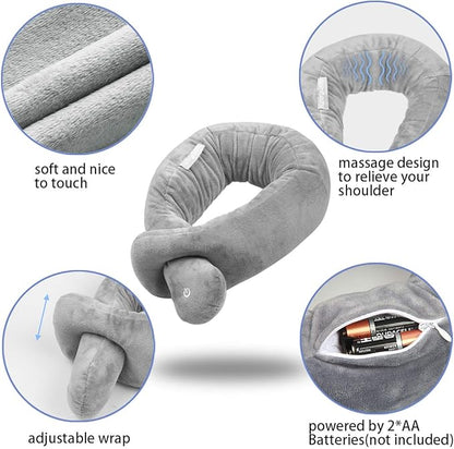 Neck Pillow, Neck Wrap Vibration Massaging Wireless Travel Pillow Soft Touch Breathable Head Support for Office Sofa Air Plane Grey