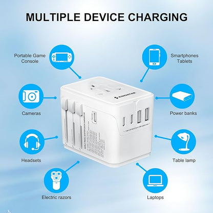 Universal International Plug Travel Adapter, 6 in 1 Wall Charger with 3 Type-C 5.8A 29W PD Fast Charging & 2 USB-A 5.8A & Multi AC Outlet Adaptor for USA EU UK AUS 200+ Countries