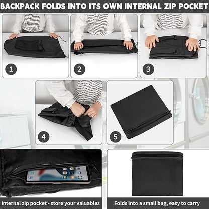 Laundry Bag Backpack with Shoulder Straps and Mesh Pocket Foldable Clothes Hamper Bag with Drawstring Closure for College, Apartment, Laundromat (Black)