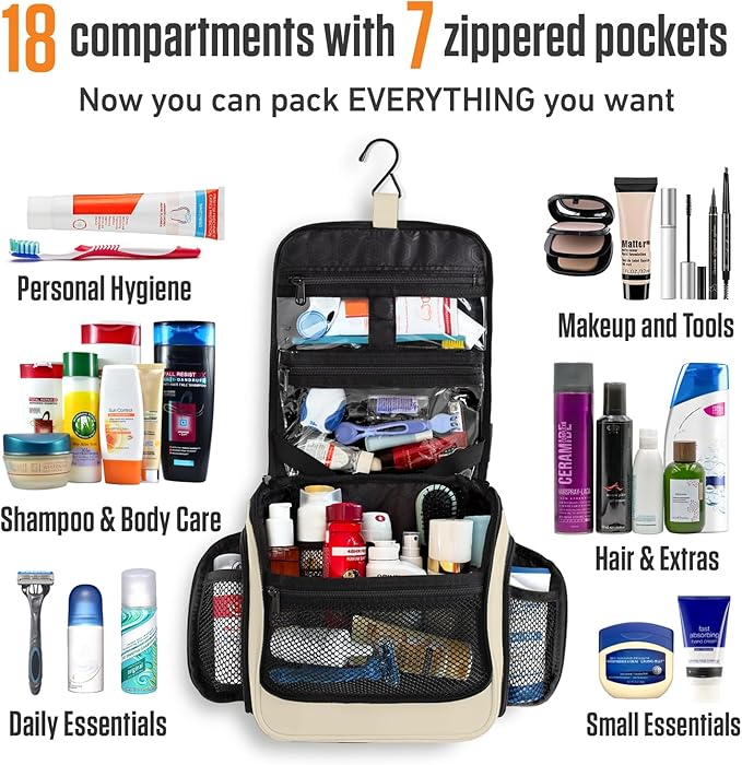VENTURE 4TH Hanging Travel Toiletry Bag for Women & Men - Travel Organizer with Expandable Compartments & Removable Clear Pouch for Toiletries (Beige)