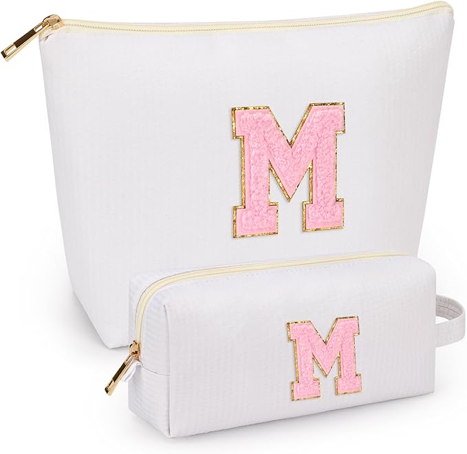 mibasies 2 PCS Initial Makeup Bags: Mothers Day Gifts for Women - Best Friend Birthday Gifts Graduation Gifts Wedding Bridesmaid Girlfriend Wife Daughter Sister Girl Gifts - White M