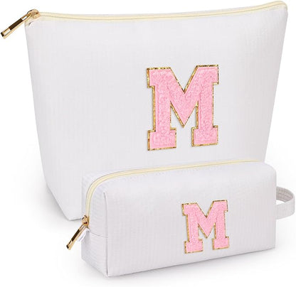 mibasies 2 PCS Initial Makeup Bags: Mothers Day Gifts for Women - Best Friend Birthday Gifts Graduation Gifts Wedding Bridesmaid Girlfriend Wife Daughter Sister Girl Gifts - White M