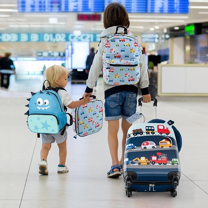 Goplus 5 Piece Kid’s Luggage Set, 16” Carry on Suitcase w/13” Backpack, Neck Pillow, Hardside Spinner Toddler Luggage, Travel Rolling Suitcase for Boys Girls Gifts (Blue, Car)