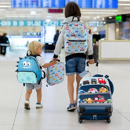 Goplus 5 Piece Kid’s Luggage Set, 16” Carry on Suitcase w/13” Backpack, Neck Pillow, Hardside Spinner Toddler Luggage, Travel Rolling Suitcase for Boys Girls Gifts (Blue, Car)