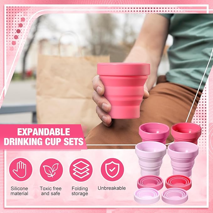 48 Pcs Silicone Collapsible Travel Cup Reusable Foldable Camping Cup Portable Expandable Drinking Mug for Traveling Outdoor Hiking (Pink Color)