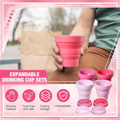 48 Pcs Silicone Collapsible Travel Cup Reusable Foldable Camping Cup Portable Expandable Drinking Mug for Traveling Outdoor Hiking (Pink Color)