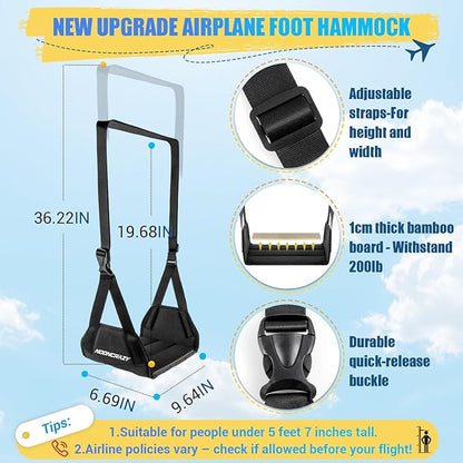 Airplane Foot Hammock, No Collapse Foot Rest for Plane Travel with Extended Adjustment Strap, Portable Desk Foot Hammock with Thickened Foam, Foot Sling Travel Essentials to Relax Your Feet(Black 2PC)