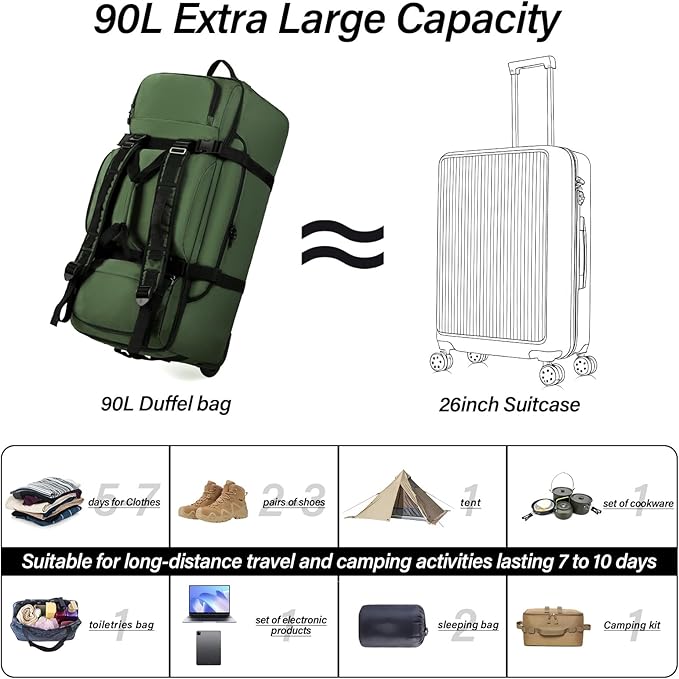 Rolling Duffle Bag with Wheels, 90L 32-inch Large Foldable Travel Duffel Bags Durable, Tear-resistant Heavy-duty Luggage Bag (Green)