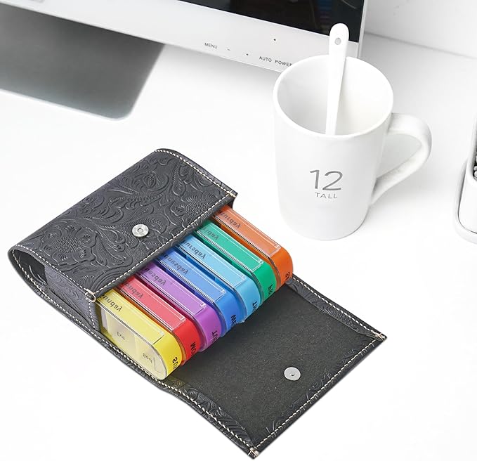 Pill Organizer,Haecsfl Weekly Travel Pill Case Box Medication Reminder Daily AM PM, Day Night 7 Compartments,for 4 Times A Day, 7 Days a Week-Includes Leather PU Carrying Case(1-Carved Black)